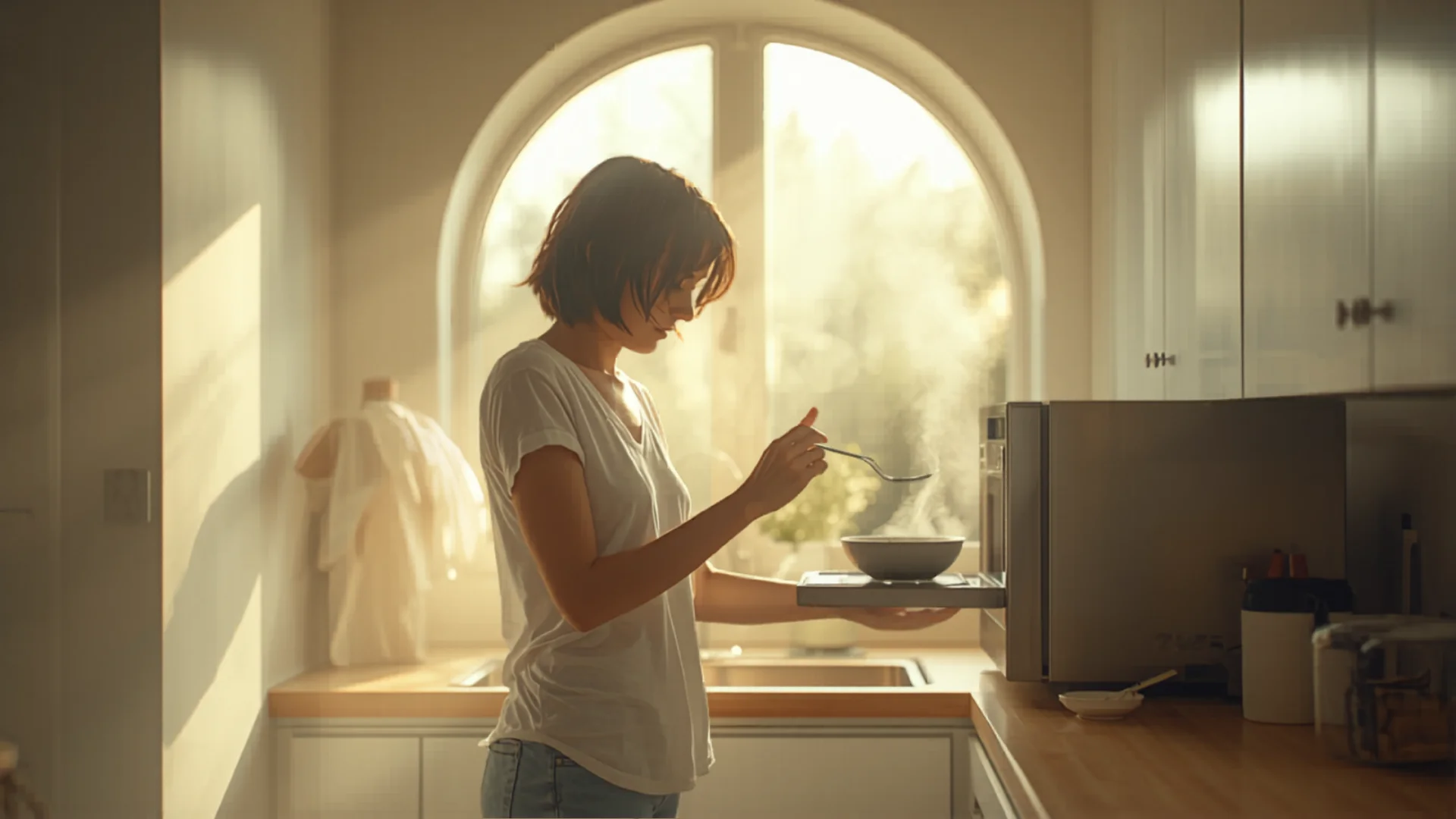 Morning moments in contemporary Australian kitchen with microwave