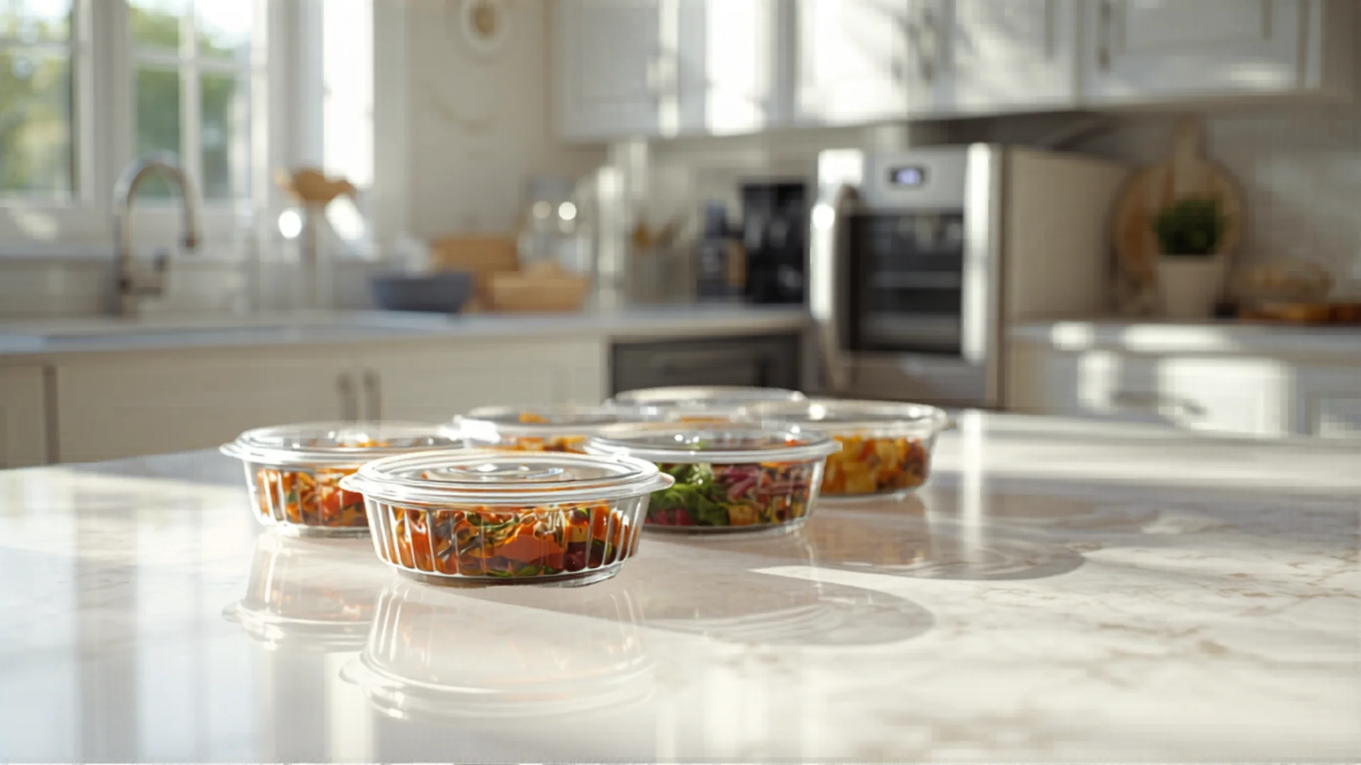 Bright kitchen with organized meal prep containers and microwave