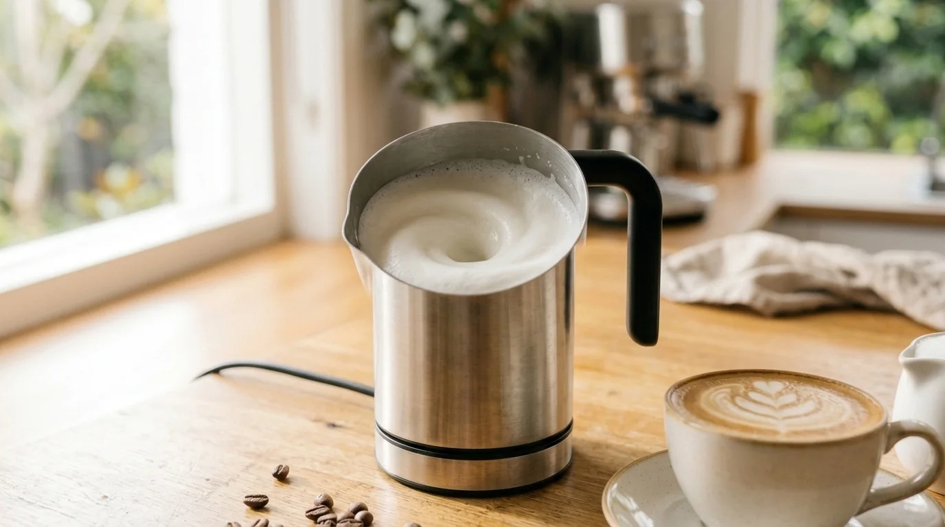 Electric standalone milk frother whisking milk into fine foam on an Australian kitchen bench