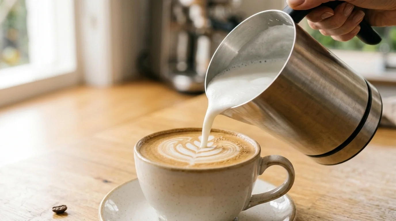 Silky frothed milk being poured into a flat white in an Australian kitchen