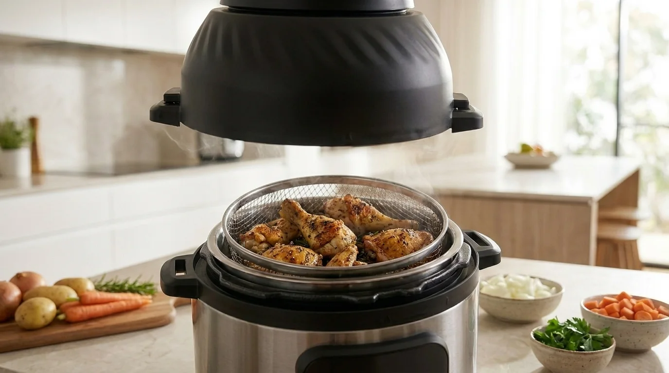 Crispy air-fried chicken finished in a multi cooker crisp lid