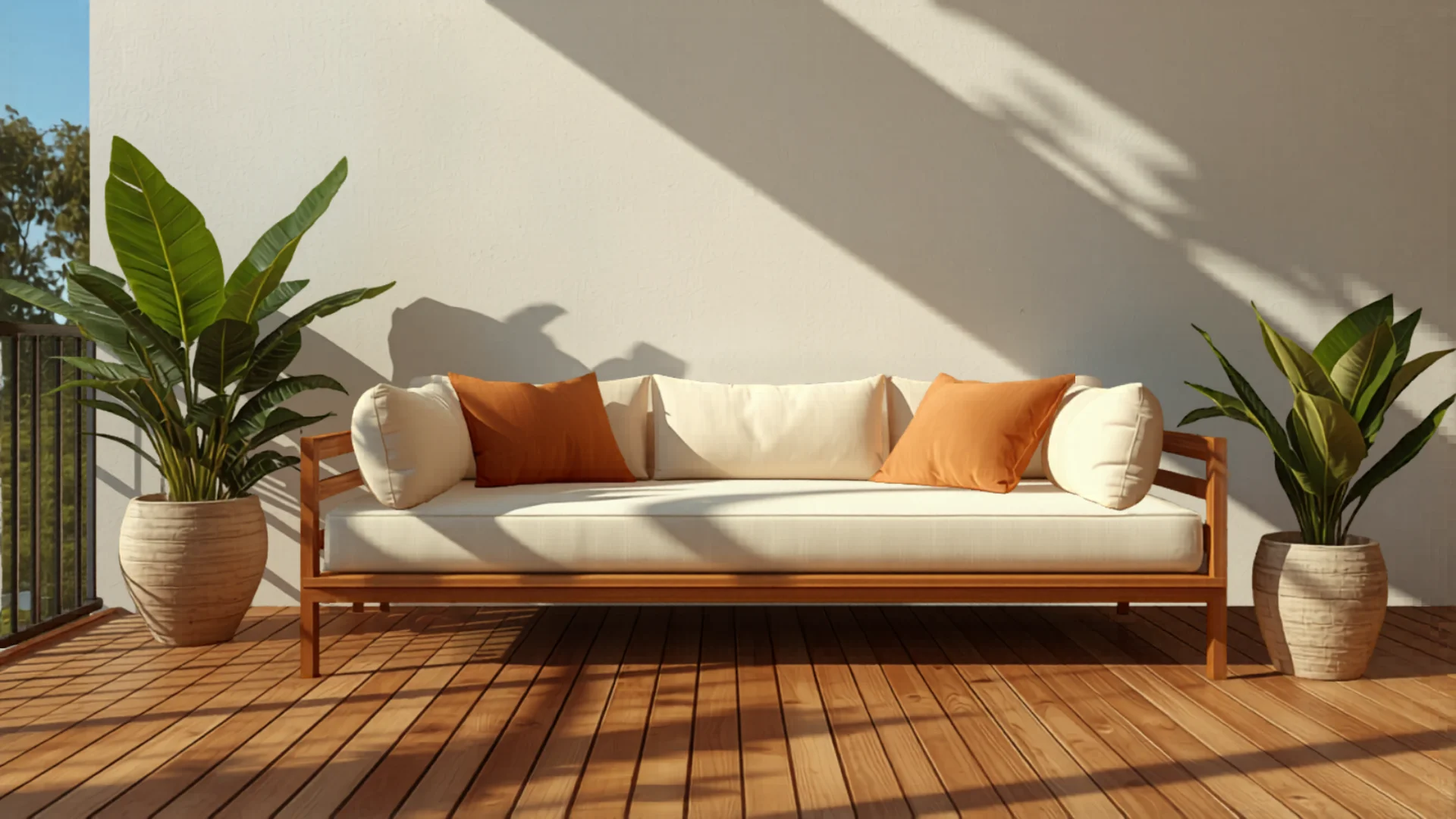 Modern outdoor lounge setting on timber deck with potted plants