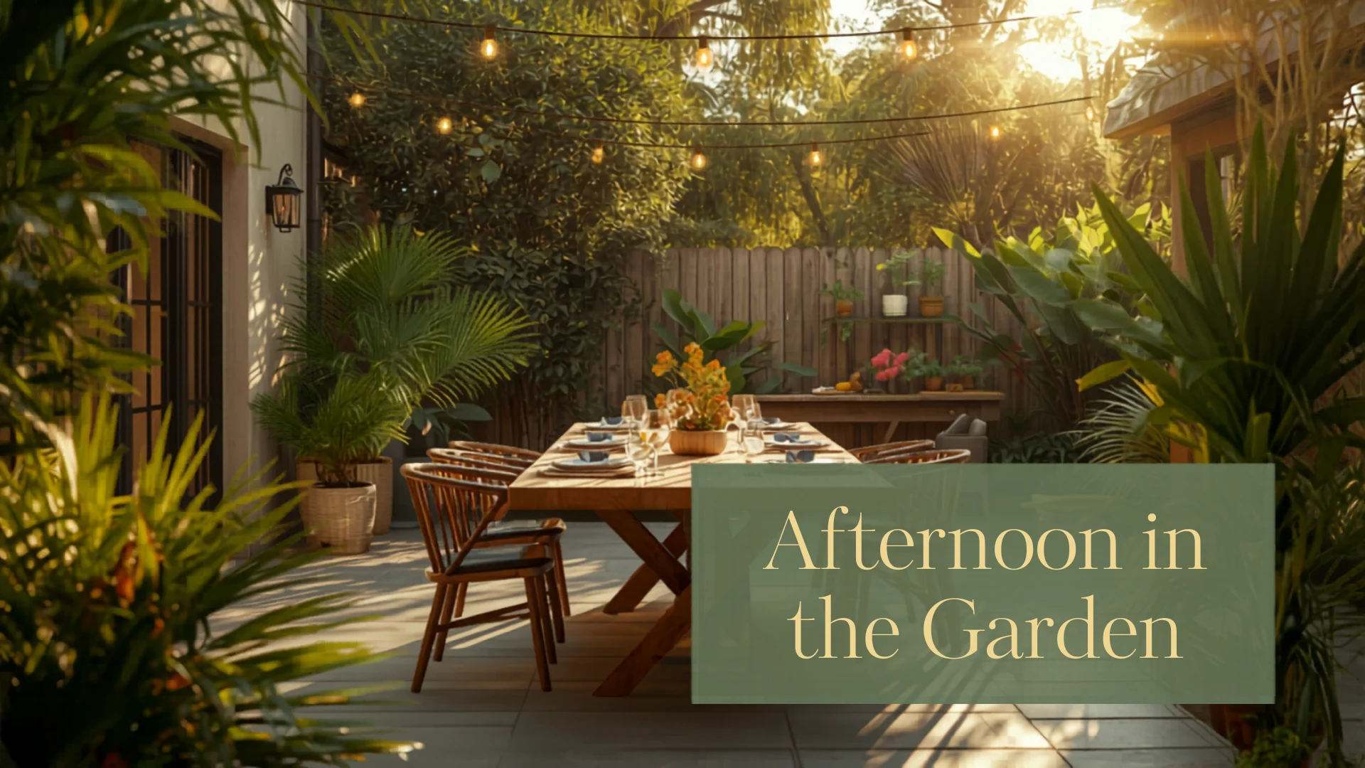 Beautiful Australian backyard patio with outdoor dining furniture and string lights