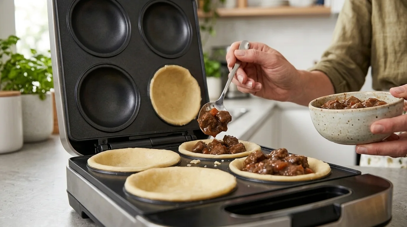 Spooning chunky beef and gravy filling into pastry-lined pie maker wells