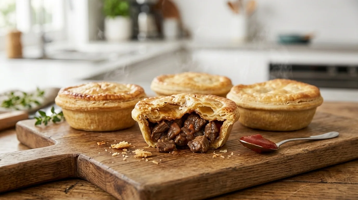 Four golden, full-sized deep-fill meat pies fresh out of an Australian bench-top pie maker