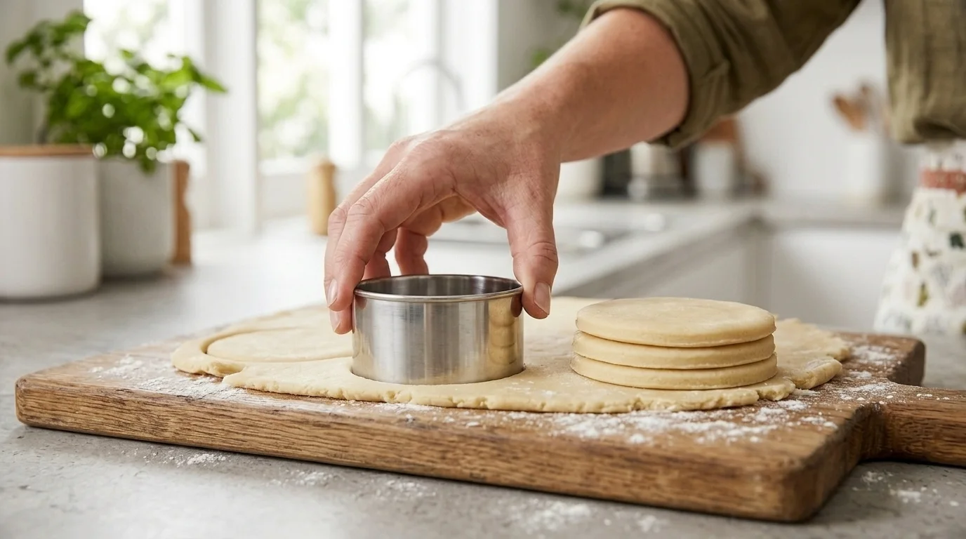 Pastry cutter pressing rounds from a sheet of shortcrust pastry on a bench