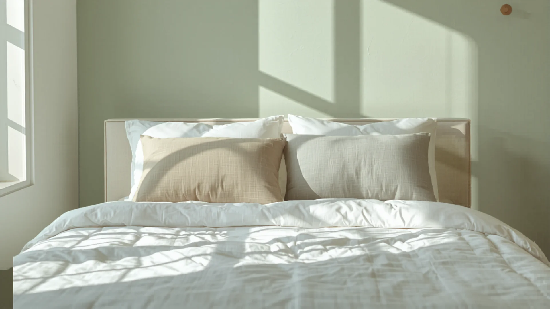 Stack of soft pillows and fresh bedding on modern bed
