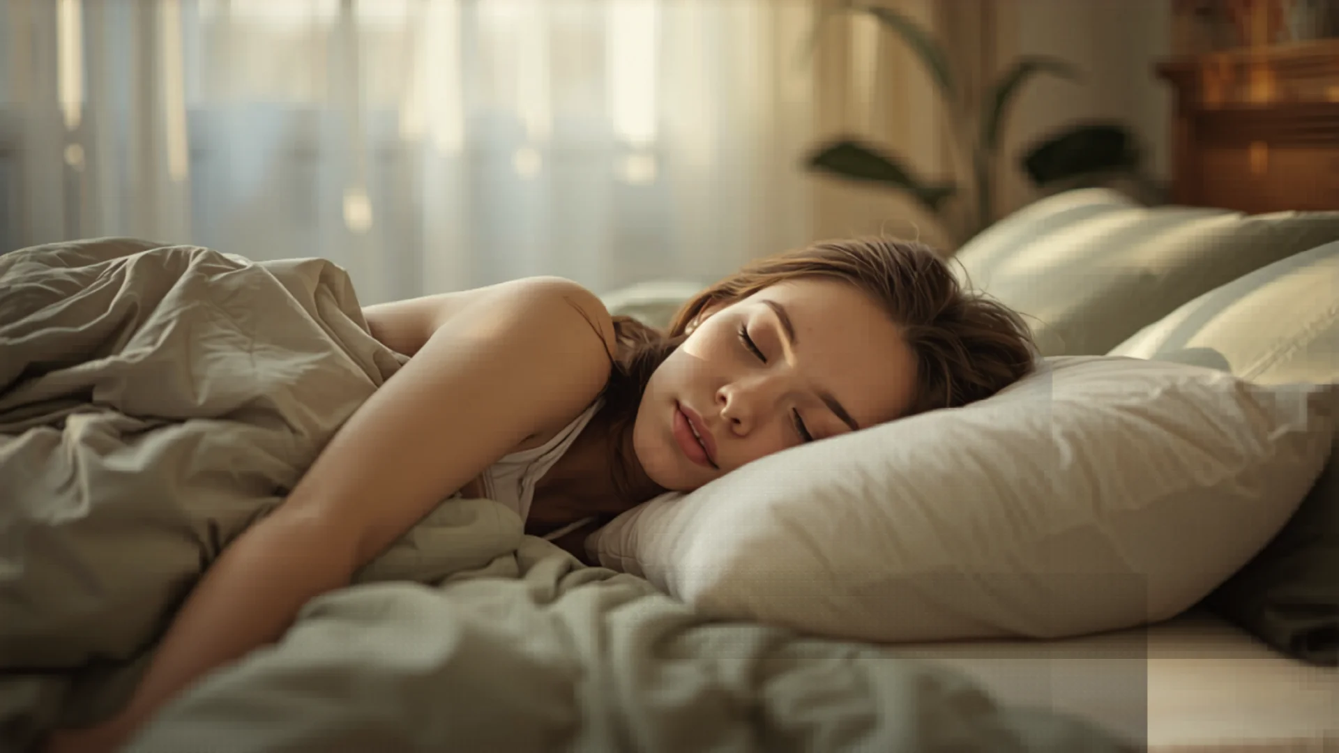 Person sleeping peacefully on comfortable pillow in serene bedroom