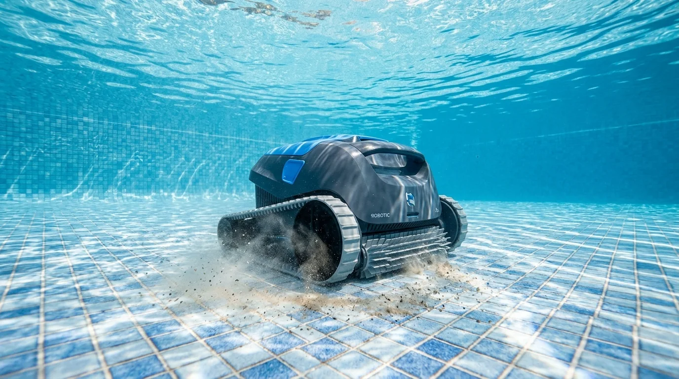 Cordless robotic pool cleaner working along the floor of an Australian backyard pool