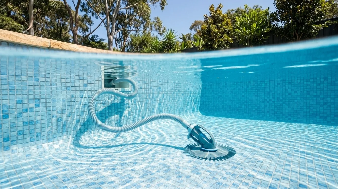 Suction-side pool cleaner hose connected to an Australian pool skimmer box