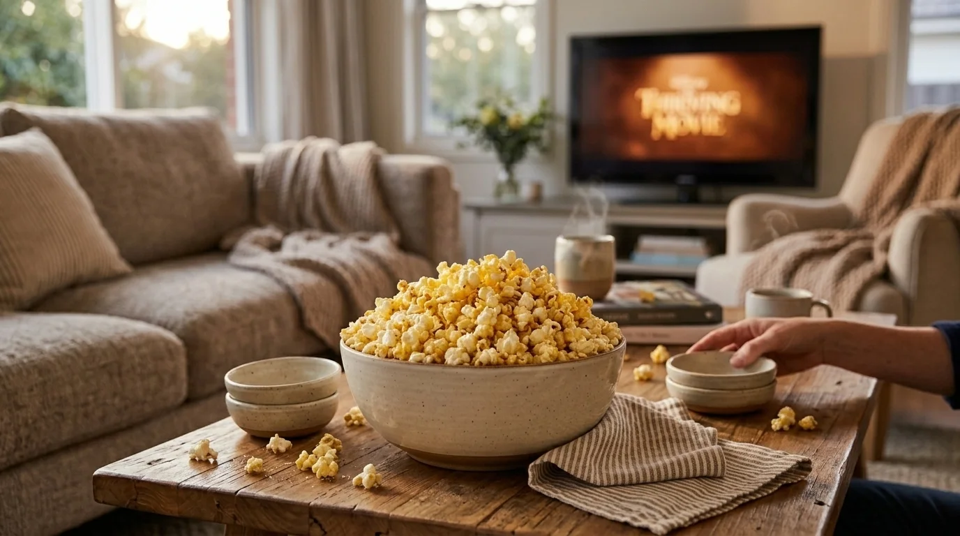 Family sharing a big bowl of freshly popped popcorn on the couch during an Australian movie night