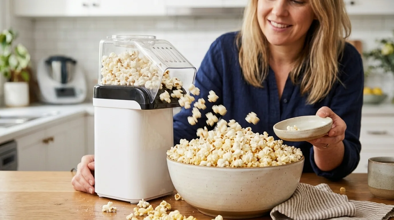 Fresh popcorn kernels bursting and overflowing from a popper in an Australian kitchen