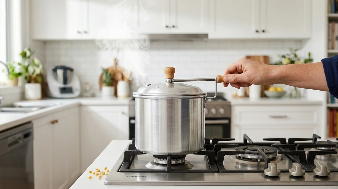 Hand turning the crank of a stovetop popcorn popper on a gas cooktop with kernels popping inside