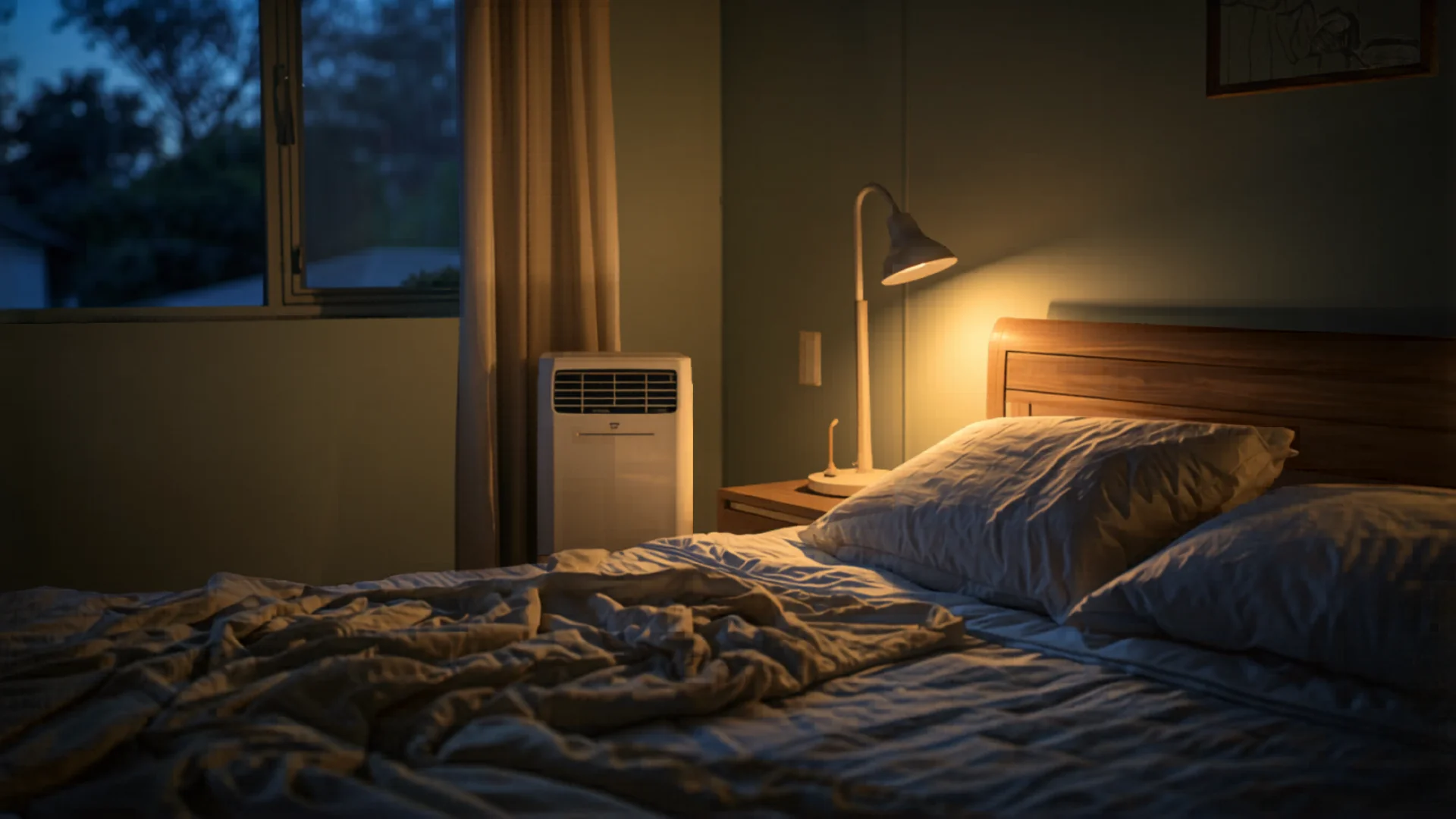 Cozy Australian bedroom with portable air conditioner during hot summer night
