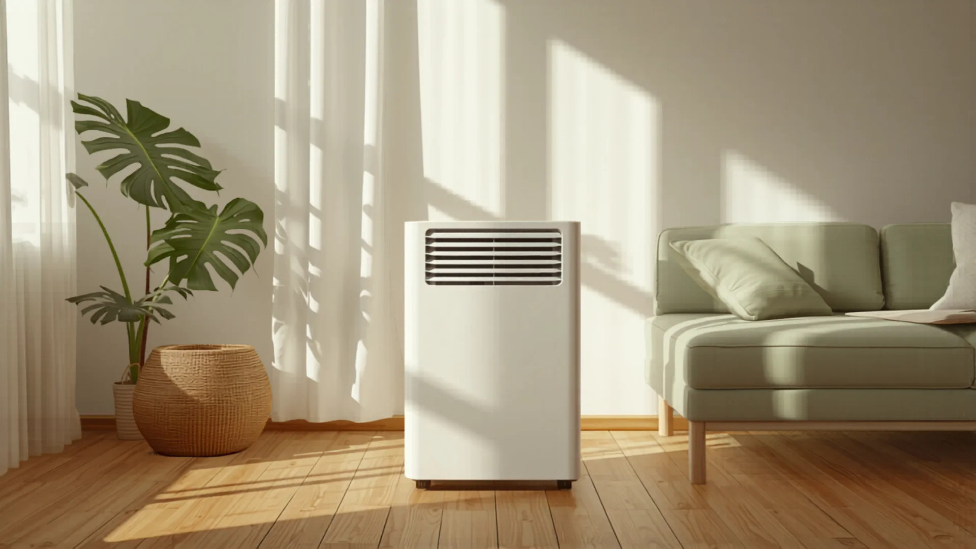 Modern portable air conditioner in bright Australian living room during summer