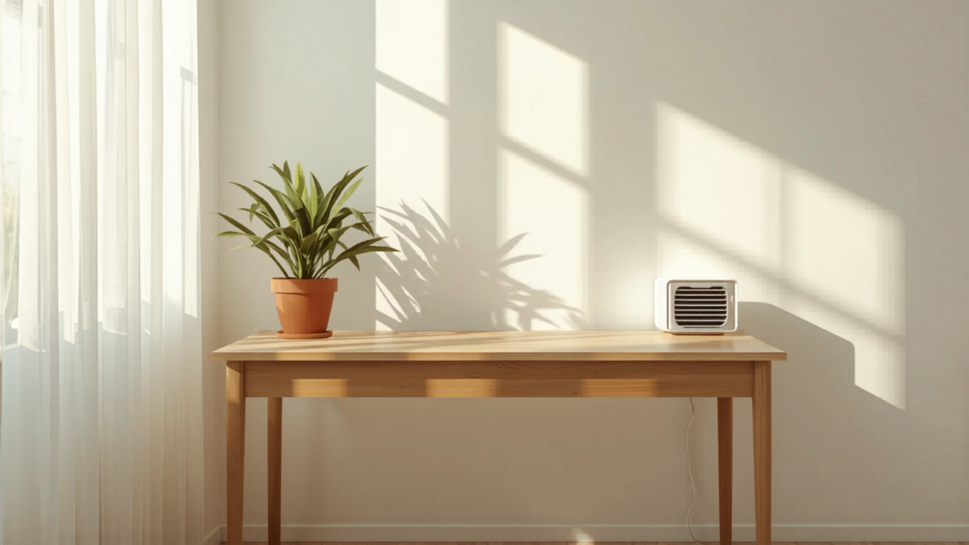 Bright Australian home office with portable air conditioner keeping space cool