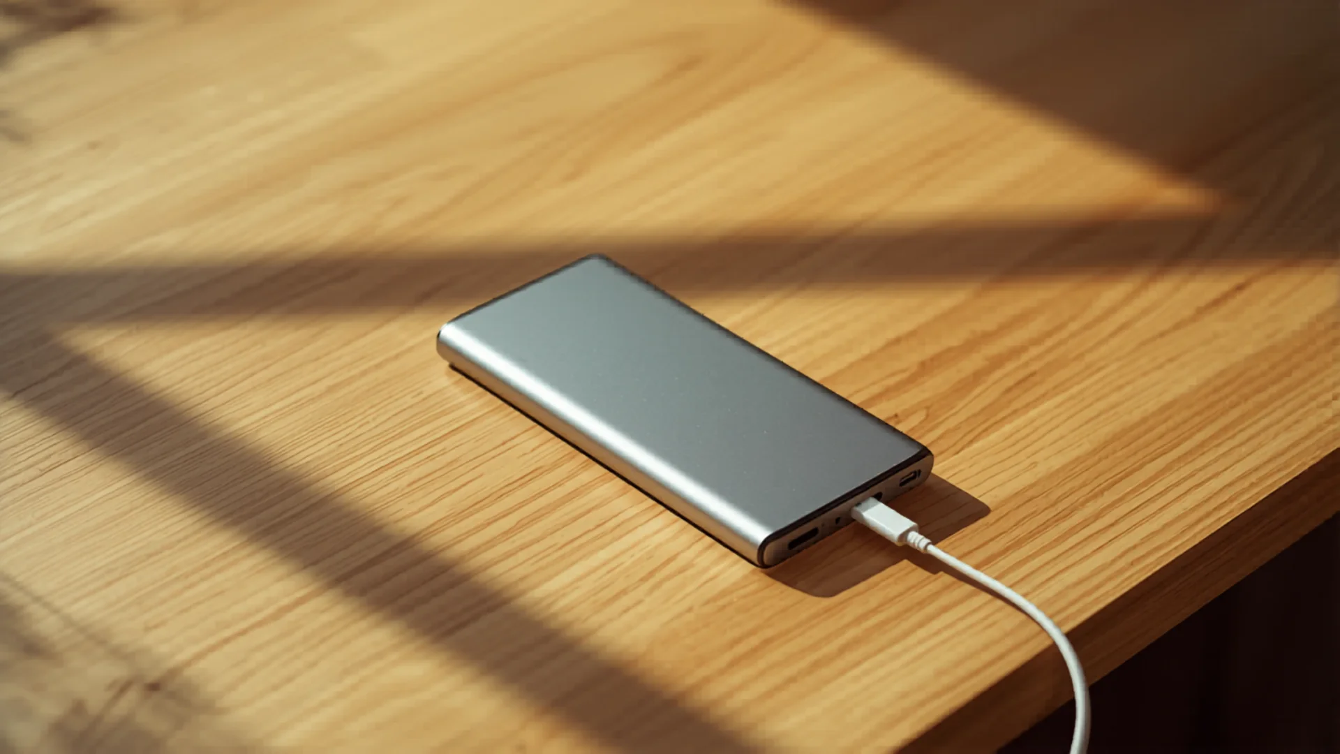 Modern portable power bank charging smartphone on timber desk