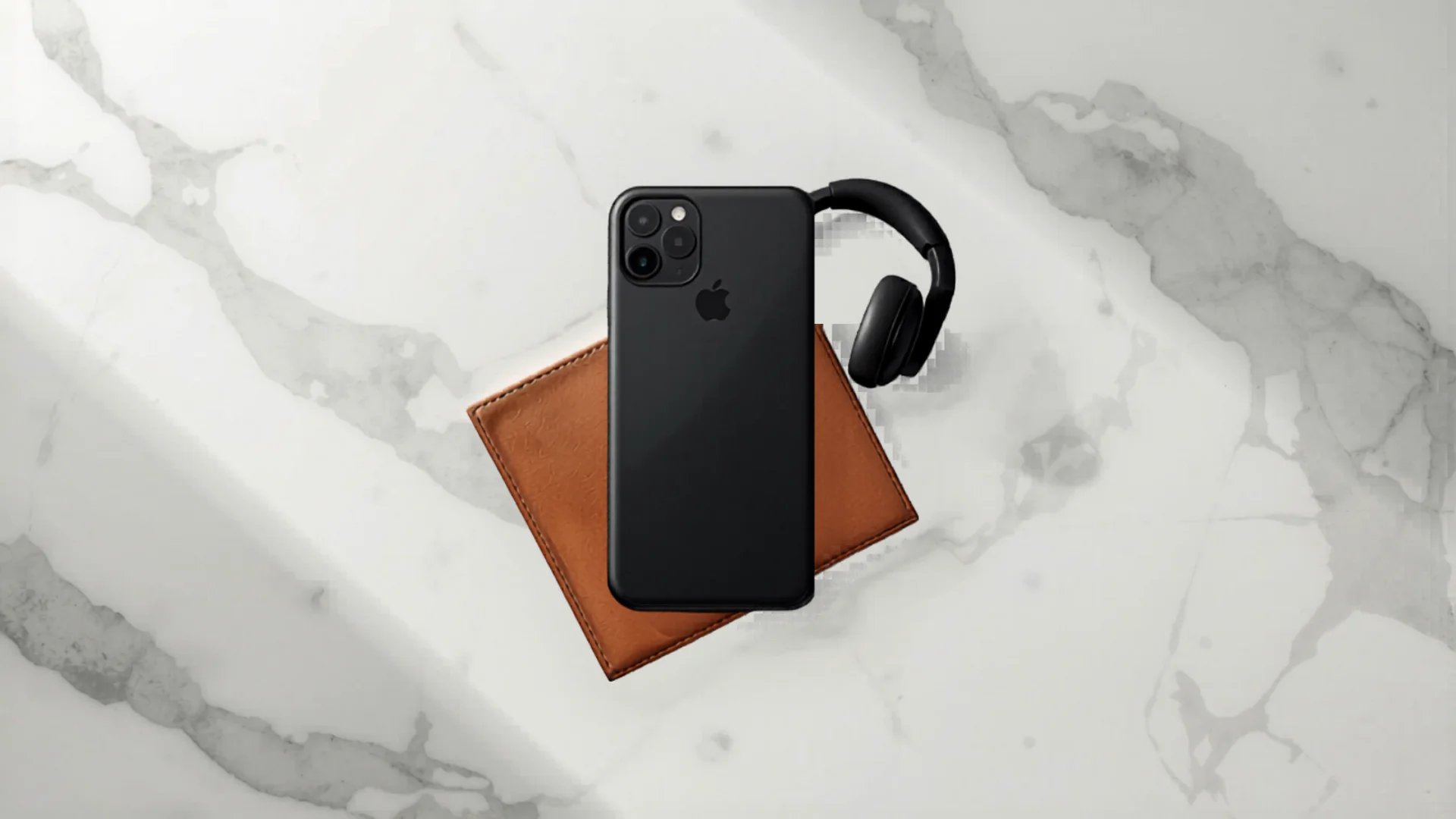 Organized travel flat lay with power bank phone and passport on marble