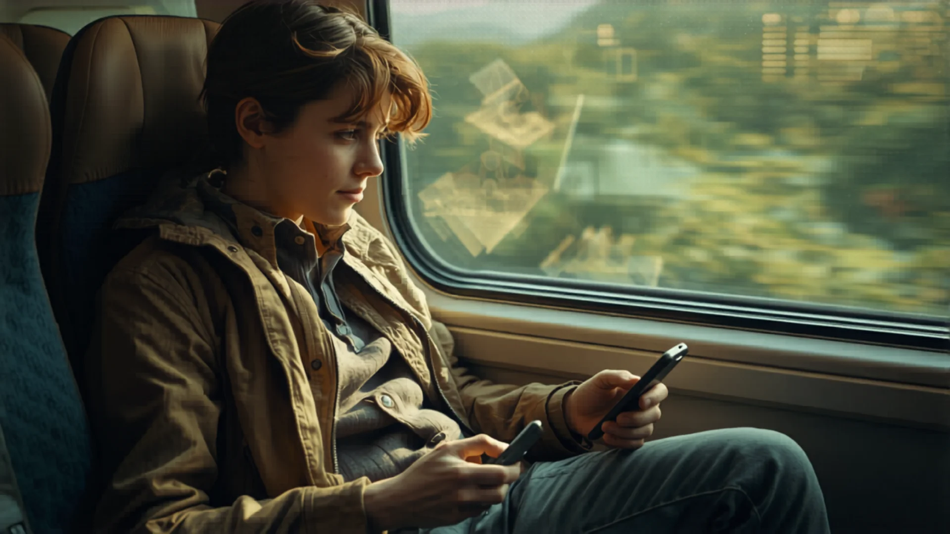 Traveler using power bank to charge phone on train