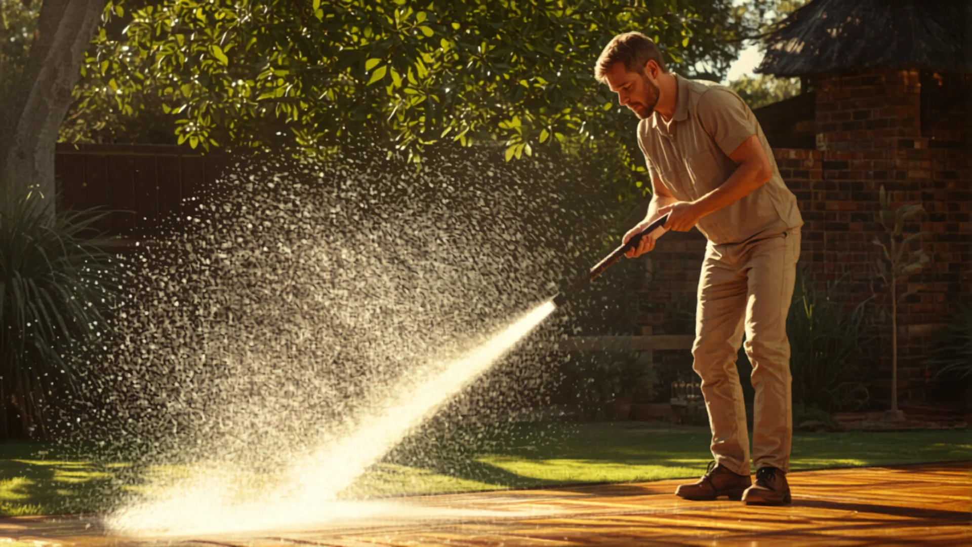Person pressure washing timber deck in Australian backyard