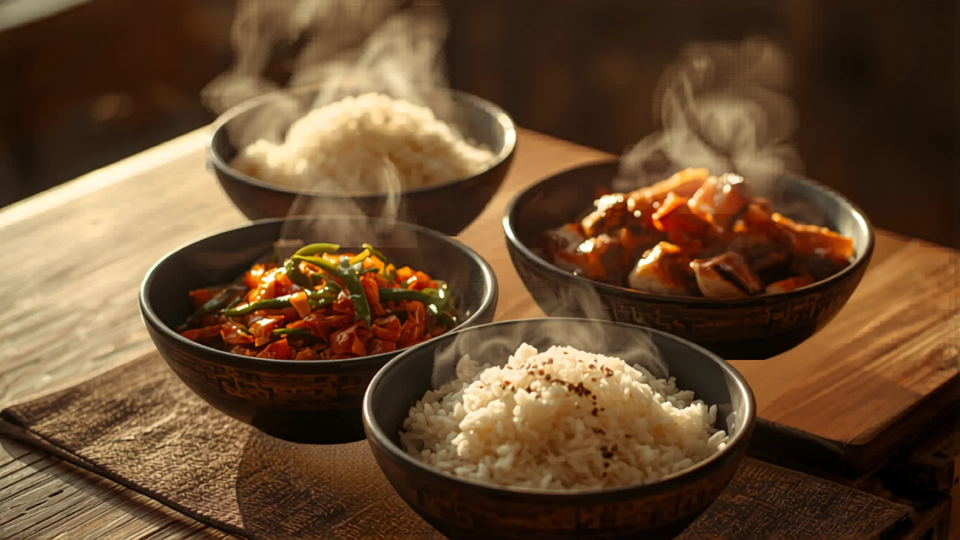 Fluffy white rice served with Asian meal in modern Australian kitchen