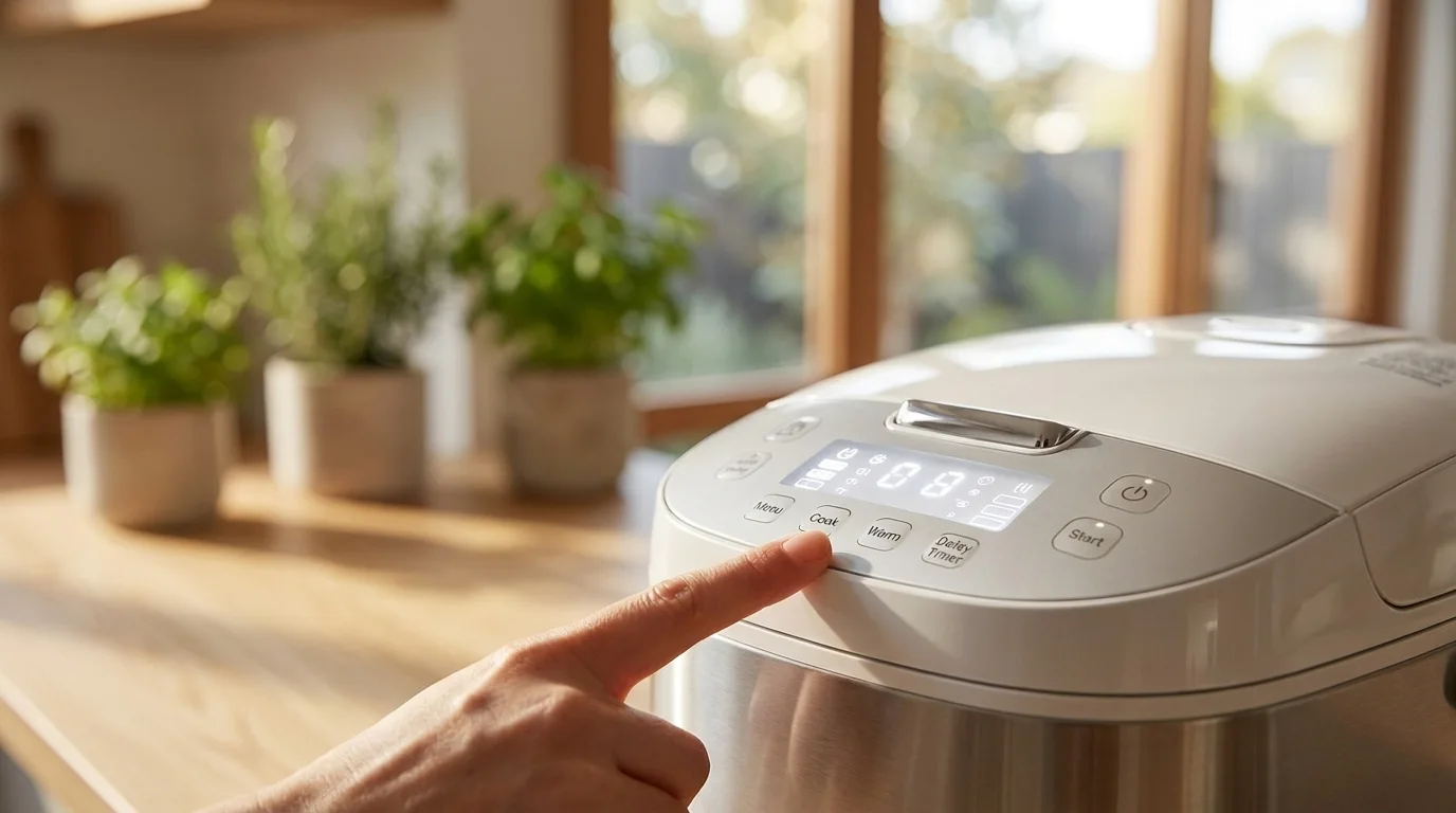Close-up of a digital rice cooker control panel showing menu and timer buttons
