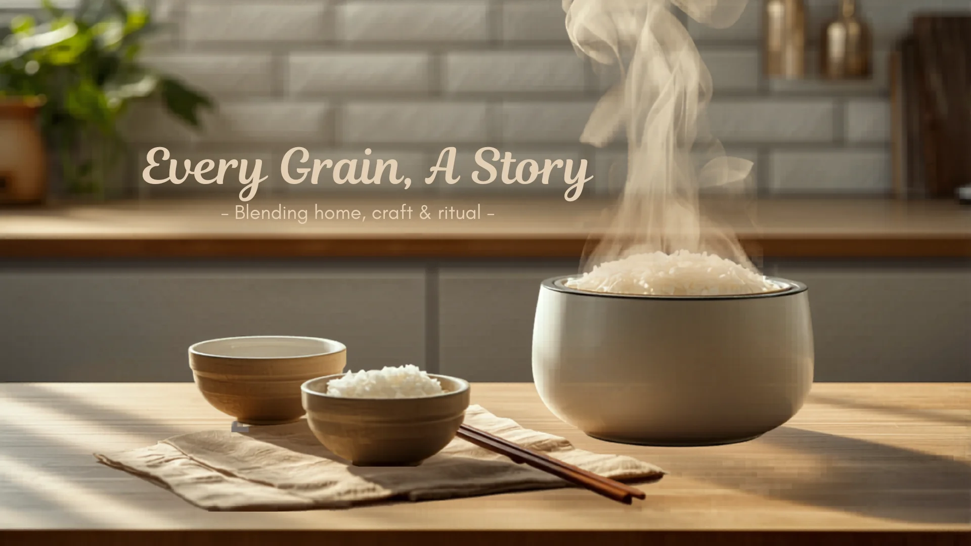 Steaming rice cooker on modern Australian kitchen bench