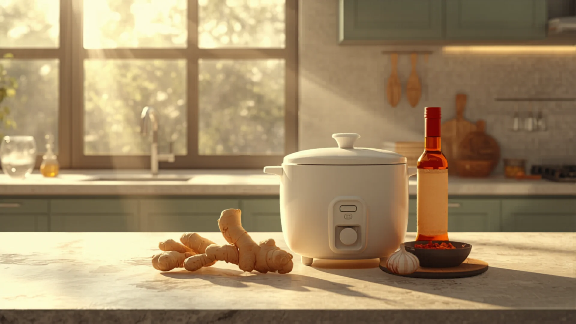 Rice cooker on timber benchtop in bright modern Australian kitchen