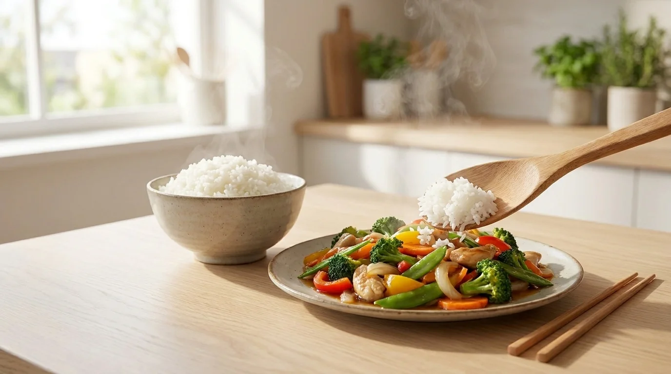 Fluffy cooked rice served into a bowl beside a stir-fry in an Australian home