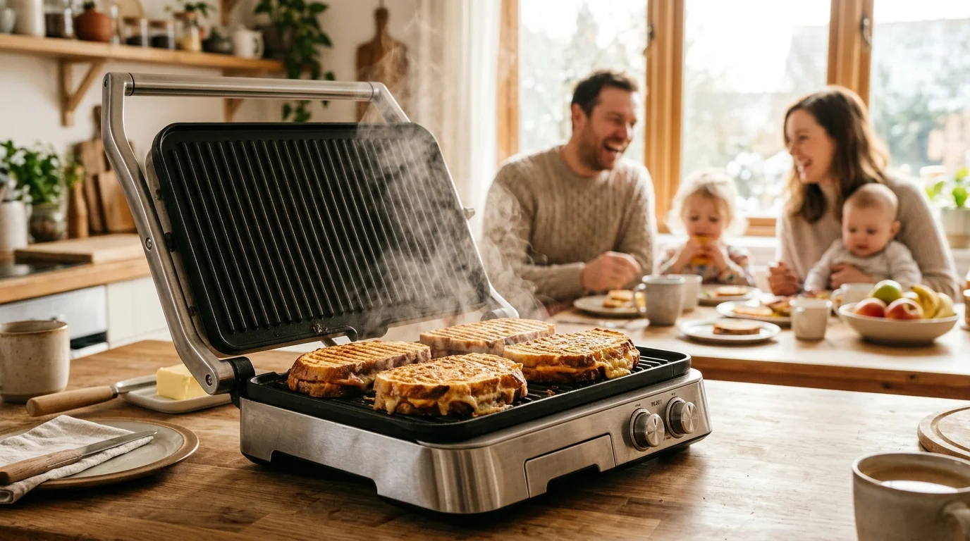 Four toasties cooking at once in a stainless steel 4-slice sandwich press