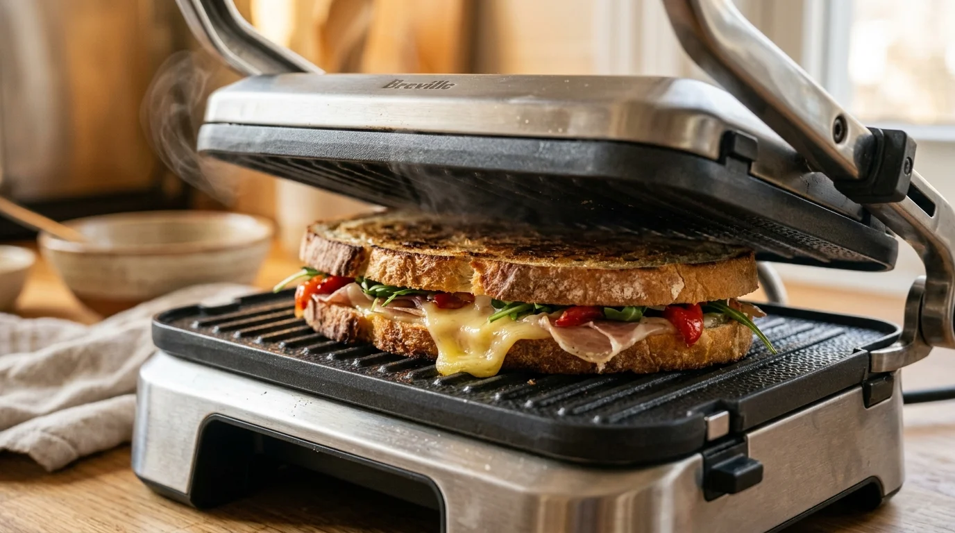 Close-up of non-stick sandwich press plates with a panini being pressed flat