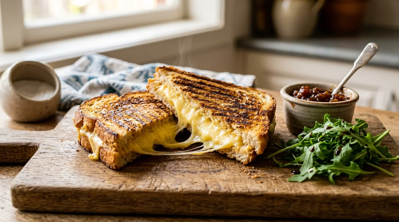 Golden cheese toastie pressed flat with grill marks on a wooden board in an Australian kitchen