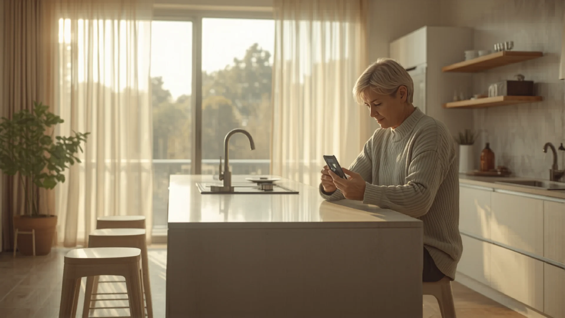Person checking home security camera feed on smartphone in modern kitchen