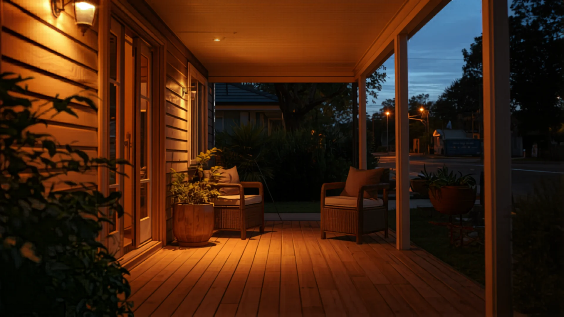 Well-lit front porch of Australian home at dusk with subtle outdoor lighting