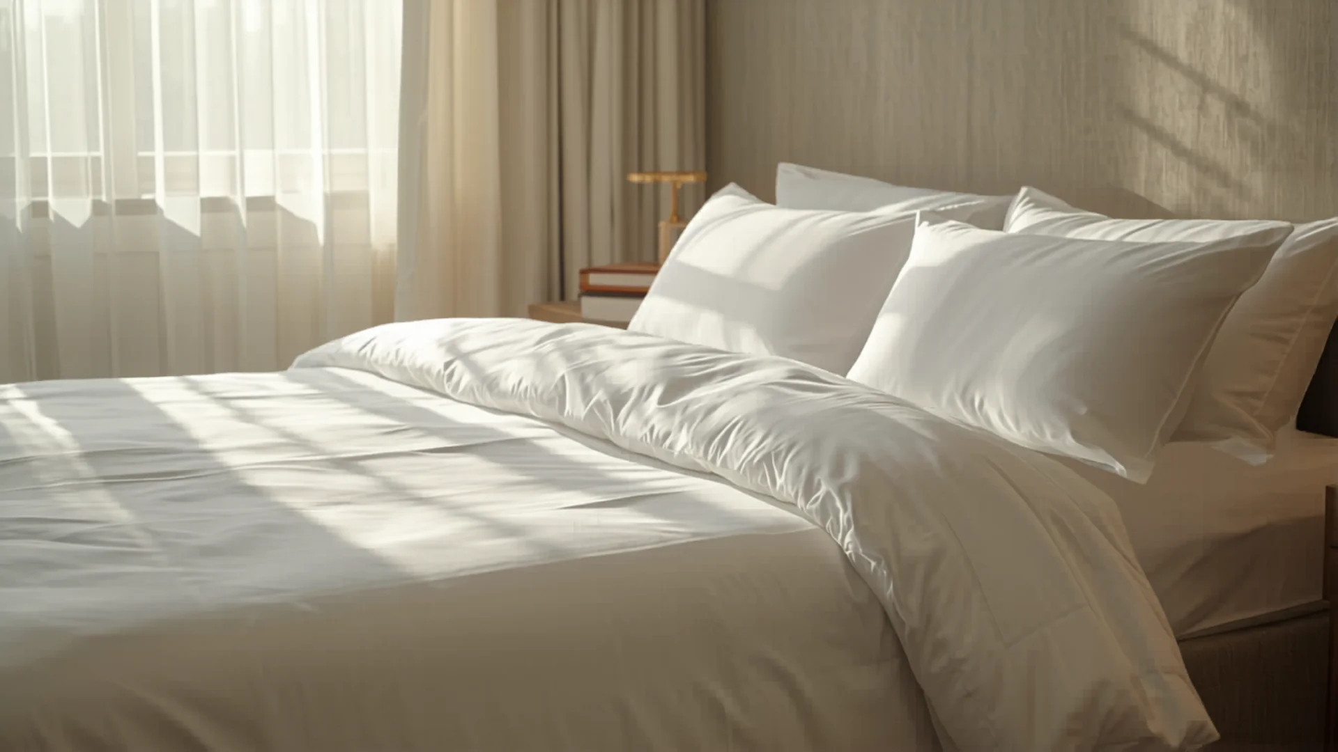 Freshly made bed with crisp white cotton sheets in modern Australian bedroom