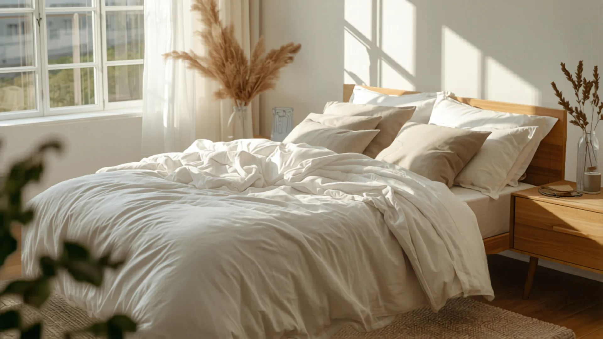 Serene Australian bedroom with layered bedding and natural light