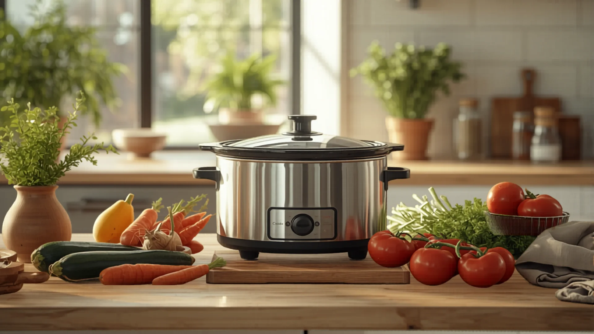 Slow cooker on kitchen bench with fresh ingredients in Australian kitchen