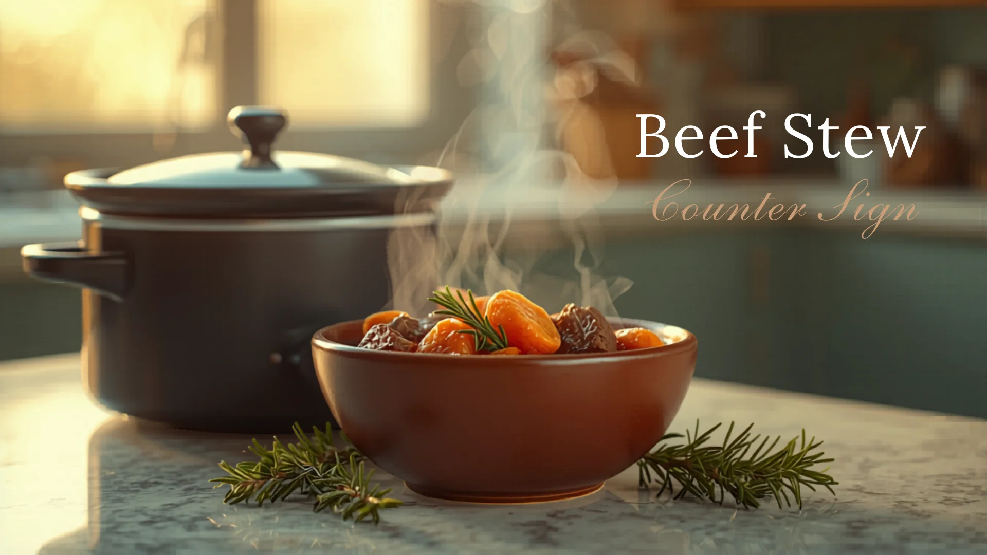 Hearty slow-cooked stew in modern ceramic slow cooker insert