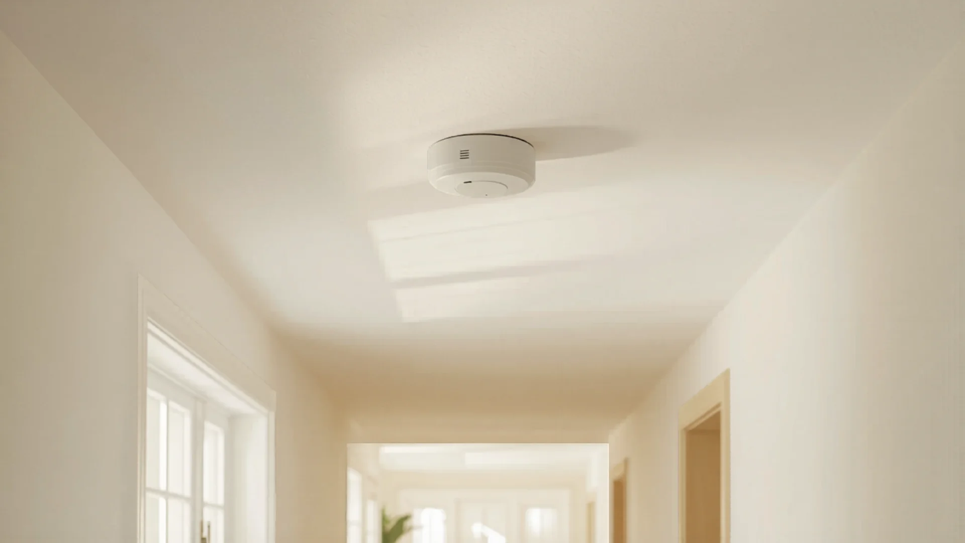 Modern white smoke detector mounted on ceiling of bright Australian home