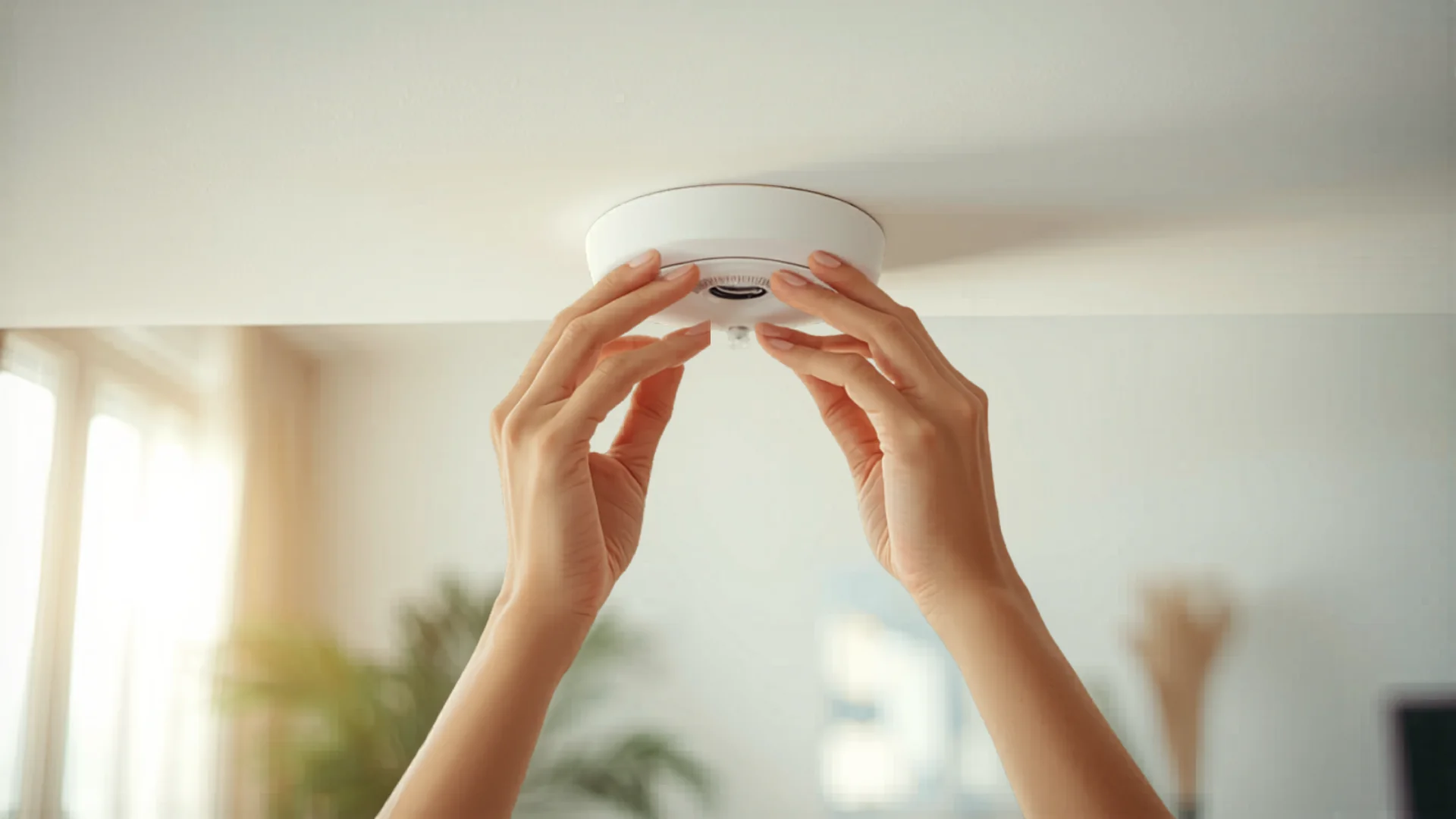 Person installing modern smoke detector on ceiling in Australian home