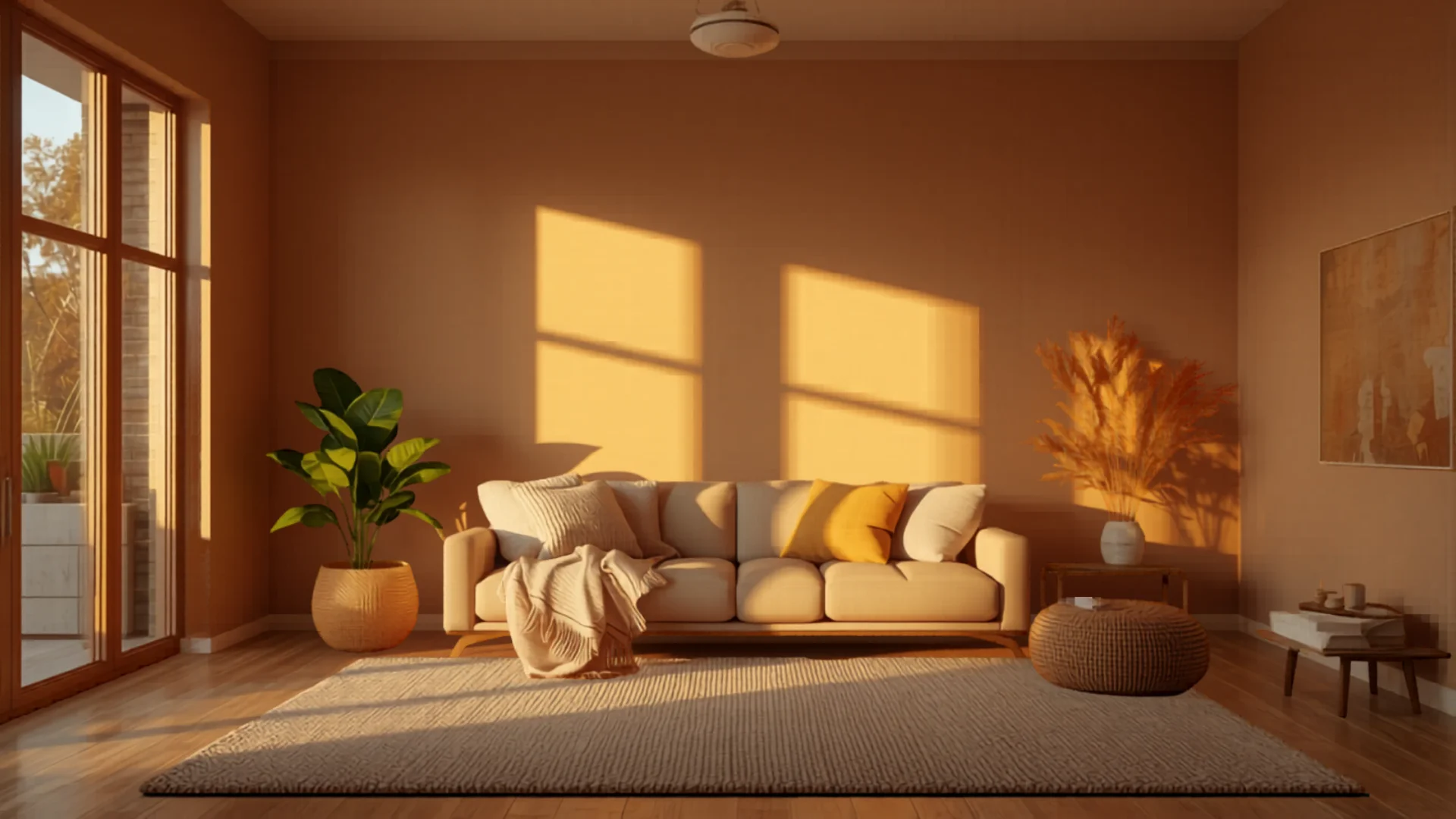 Safe bright Australian family living room with smoke alarm on ceiling