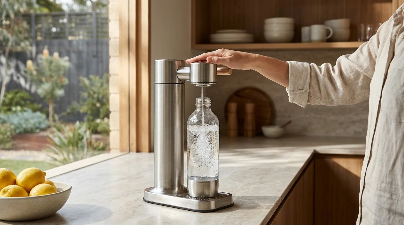 Glass of freshly carbonated sparkling water beside a soda maker on a kitchen bench