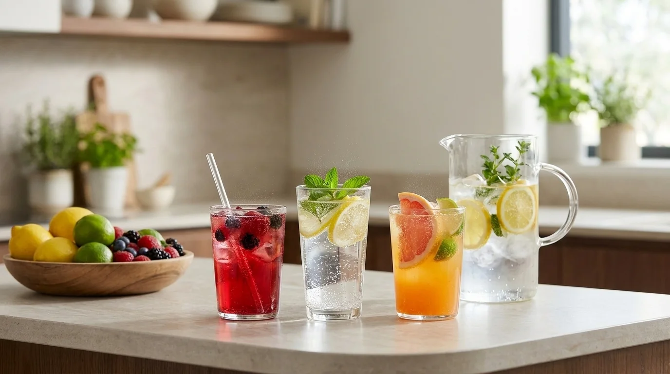 Range of sparkling drinks made at home with fruit and cordial added