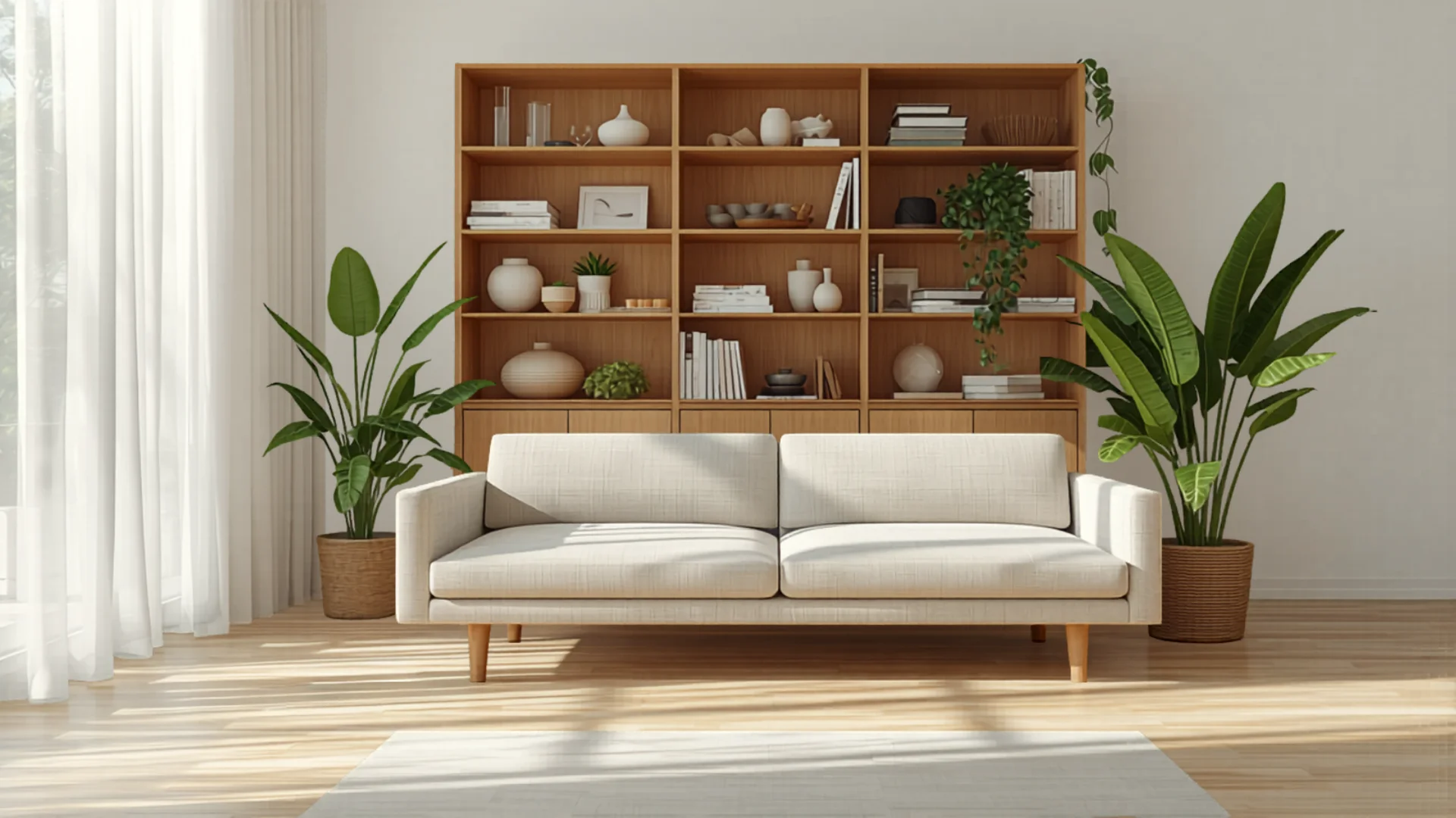 Compact modern Australian apartment living room with stylish sofa bed