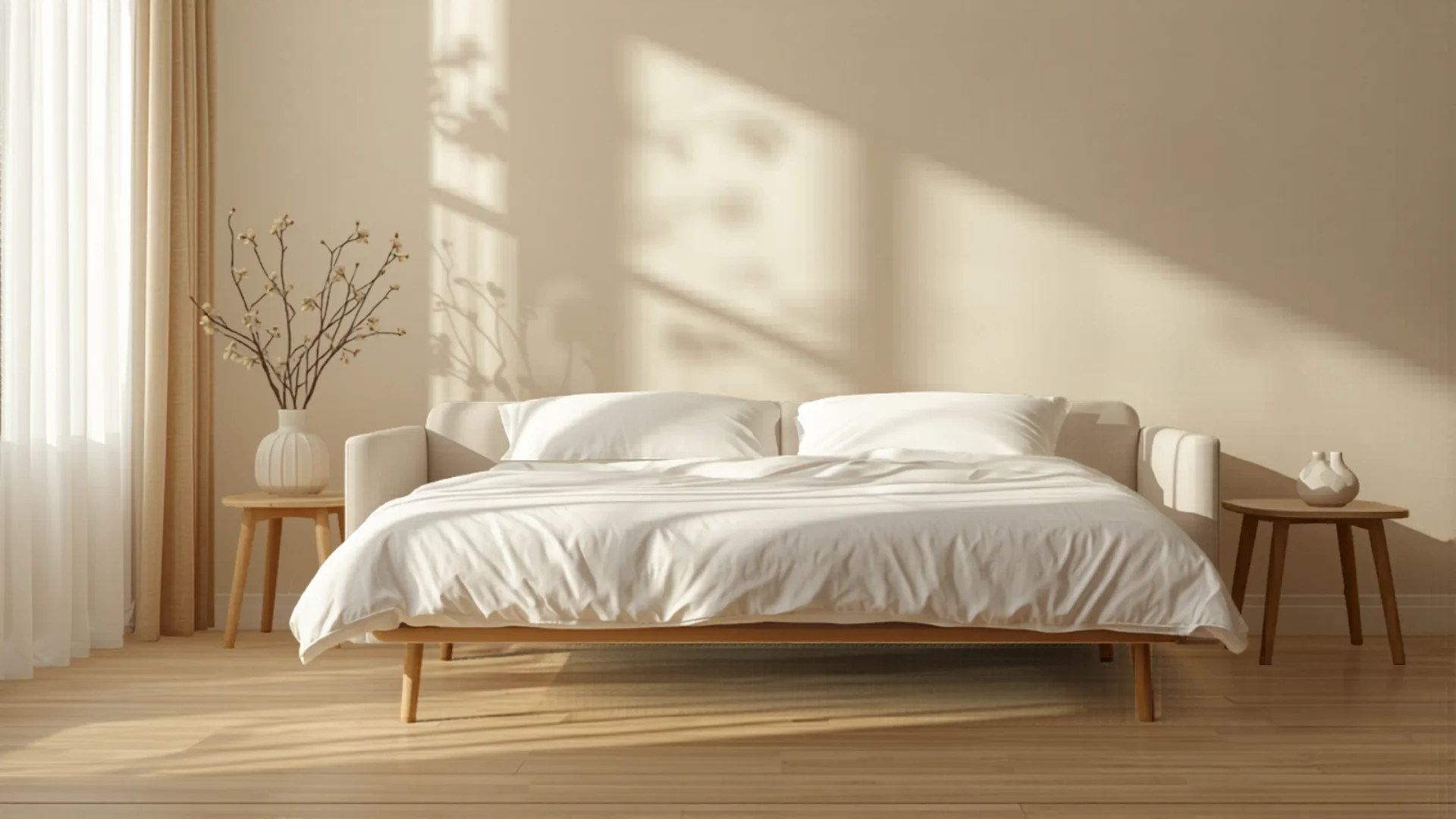 Sofa bed extended as guest bed with fresh white linen in cozy guest room