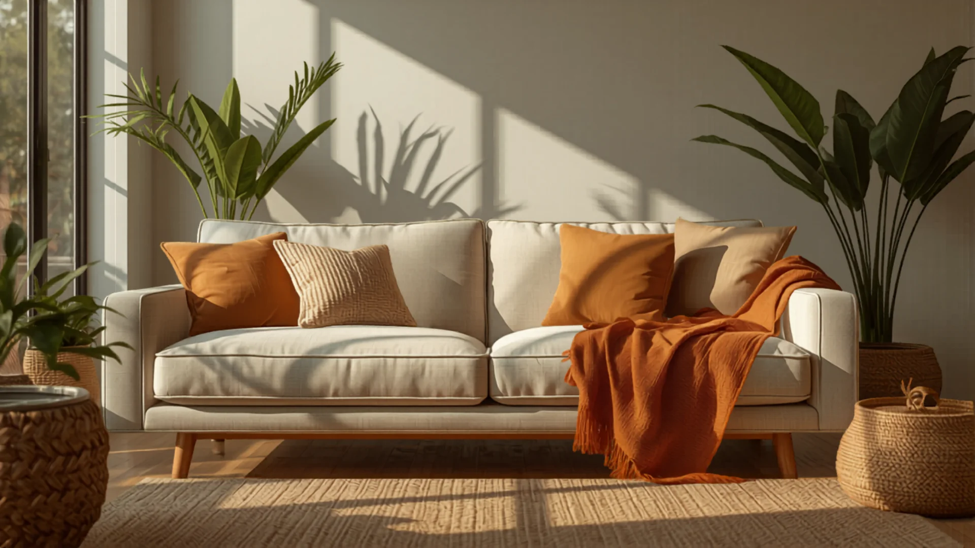 Modern sofa bed in bright Australian living room with plush cushions