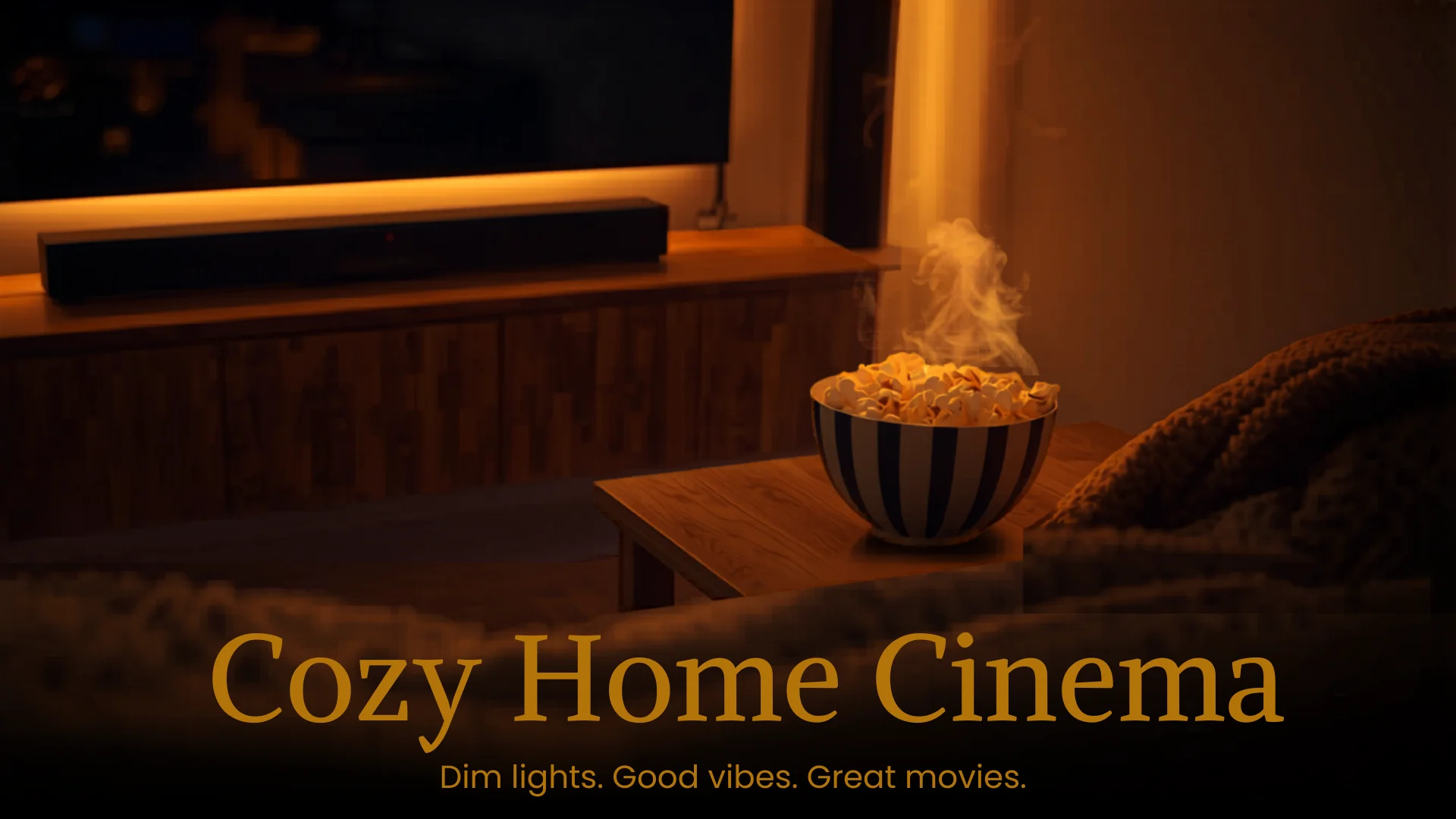 Dim cozy living room set up for movie night with soundbar audio