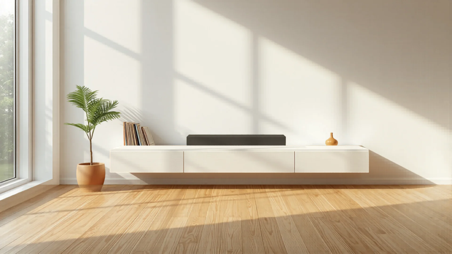 Contemporary living room with soundbar and wireless speakers for music