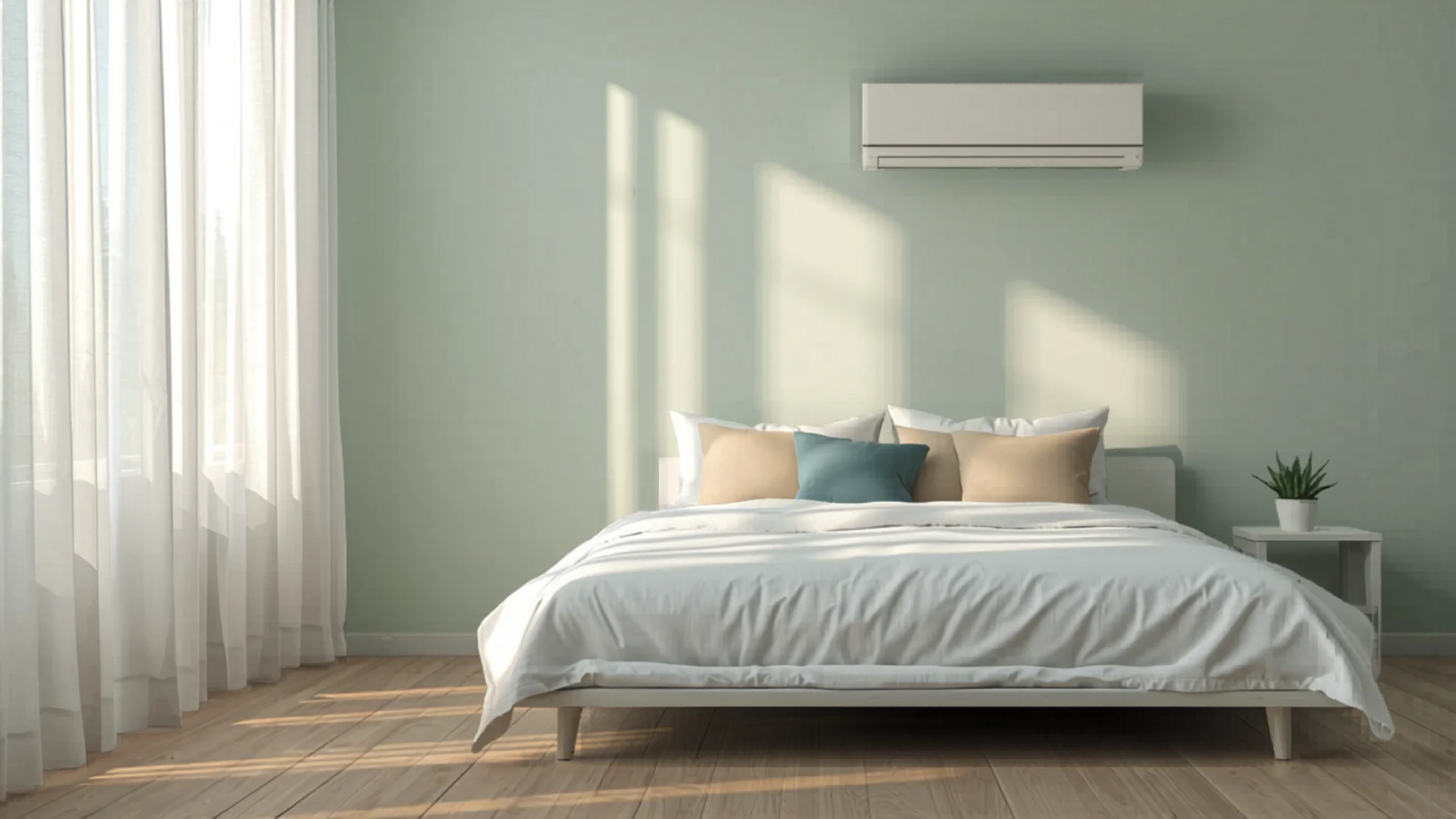 Modern bedroom with wall-mounted split system air conditioner