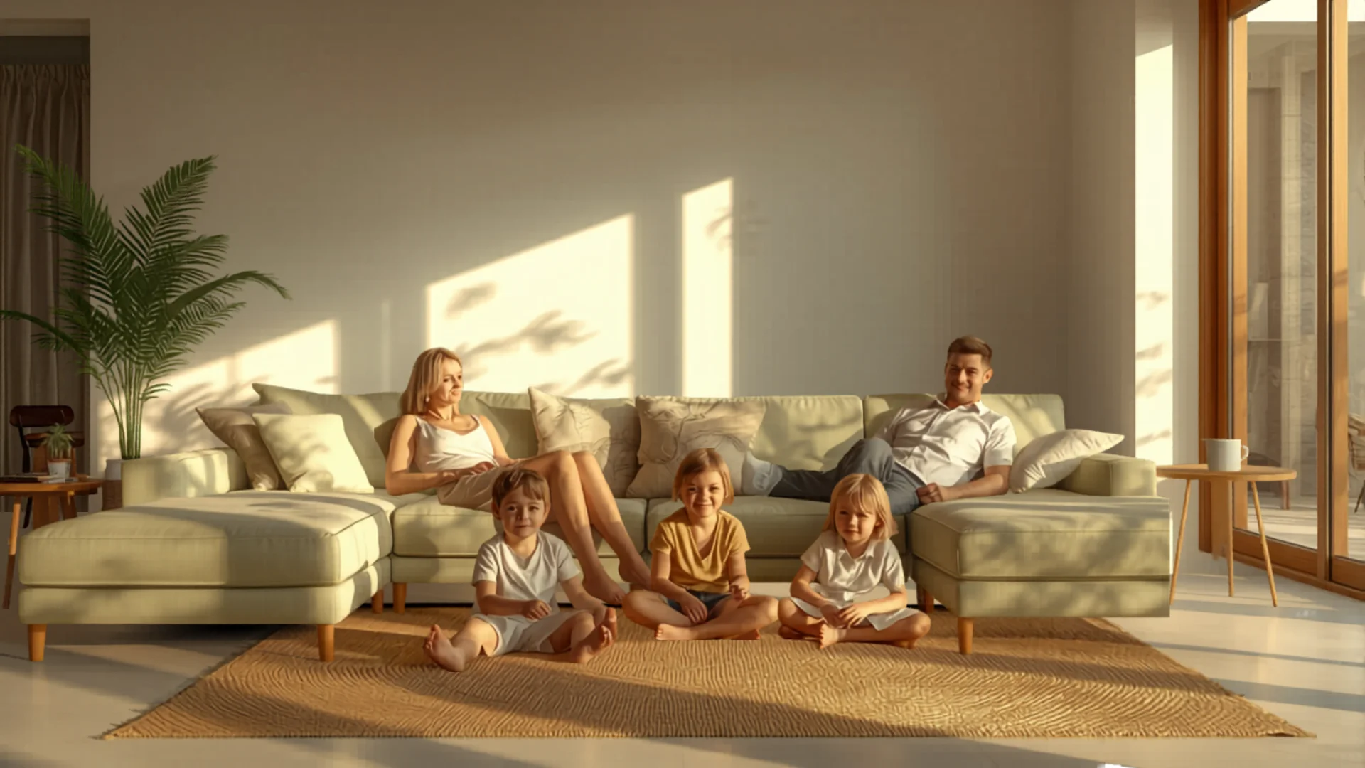 Family relaxing in comfortable cool modern Australian living room on hot day